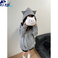 JAVC小貓吃不飽原創(chuàng  )骷髏貓咪灰色衛衣宅系輕亞貓咪印花連帽貓耳外套女 灰色-春秋款 M 建議 85-105斤