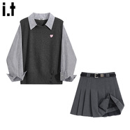 :CHOCOOLATE  it女裝秋冬學(xué)院風(fēng)連衣裙套裝假兩件拼接條紋針織衫百褶裙女短裙 灰色上衣+灰色裙 M