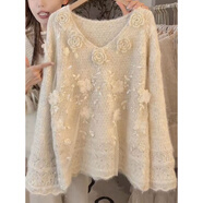 CEENIU2025秋冬新款純色小眾溫柔提花針織衫女設計師款慵懶顯瘦針織上衣 杏色 V領(lǐng)花朵毛衣 S