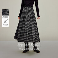 茵曼復古磨毛格子百褶半身裙2025秋女裝新款高腰A字裙 灰黑格子 S