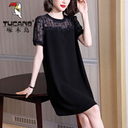 啄木鳥(niǎo)顯瘦小黑裙女裝短袖t恤連衣裙夏季新款寬松直筒小個(gè)子a字雪紡裙子 黑色 XL 【125斤左右2