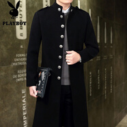 花花公子（PLAYBOY）冬季男士風(fēng)衣中長(cháng)款立領(lǐng)加厚毛呢大衣過(guò)膝修身雙排扣韓版帥氣外套 黑色Y15 1 XL