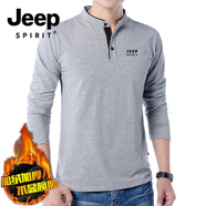 吉普（JEEP）純棉長(cháng)袖t恤男秋冬季新款中青年V領(lǐng)體恤寬松休閑打底衫上衣 灰色 加絨 M 170