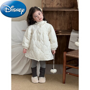 迪士尼冬季新款童裝韓版兒童蕾絲繡花夾棉長(cháng)款棉衣女童加絨花邊公主棉服 蕾絲棉衣 90 cm