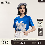 謎底T恤短袖女士夏季新品文藝風(fēng)圓領(lǐng)貼布繡花上衣242MT0712 鈷藍(lán) L