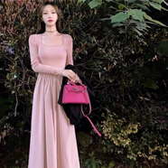 潮思匯2025法式赫本方領氣質長袖連衣裙裙子秋季新款拼接顯瘦長裙 香緹粉509#優(yōu)質版 德絨# S 85斤以下
