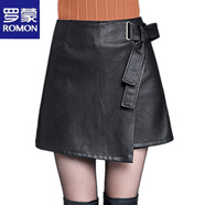 羅蒙（ROMON）闊腿皮褲裙女2025秋冬季新款女裝大1碼顯瘦高腰A字水洗PU皮短裙褲 黑色 M 2尺/27碼
