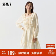 森馬連衣裙女荷葉邊蝴蝶結(jié)氛圍感優(yōu)雅方領(lǐng)裙子109124114003