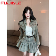 符佳樂(lè )復古美式法式辣妹氣質(zhì)牛仔外套鉚釘百褶裙荷葉邊套裝2025春季女裝 圖片色(配腰帶) M