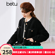 betu百圖女裝冬季新款短外套圓領(lǐng)復(fù)古時(shí)尚外套長(zhǎng)袖短外套女2211T84 黑色 L