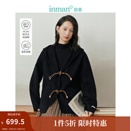 茵曼（INMAN）連帽雙面呢外套冬季女裝新款牛角扣寬松上衣 午夜黑 S