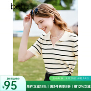 百圖betu女裝夏新款針織衫減齡復古翻領(lǐng)條紋短袖針織衫女2303T04 黑白條 XS