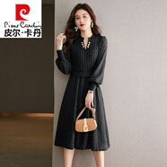 皮爾卡丹（pierre cardin）韓國氣質名媛針織連衣裙2025秋冬新款時尚燈籠袖假兩件長款毛衣裙 黑色 均碼