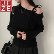 JEZE紅色一字肩系帶針織毛衣女款2025新款秋冬設計感小眾軟糯露肩上衣 黑色【別致+9945】 L 【100-110斤】