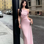 園翌露肩性感收腰氣質魚尾連衣裙子女裝夏季法式小禮服長裙連身裙衣服 霧粉 S