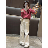 妍莉芬（yanlifen）秋季搭配一整套2025針織開(kāi)衫牛仔闊腿褲兩件套時(shí)尚洋氣套裝女秋冬 粉色上衣 XL (120-135)