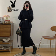 花花公子（PLAYBOY）2025深秋冬搭配一整套套裝大碼微胖mm收腰小香風(fēng)黑色氣質(zhì)連衣裙女 外套+腰帶【超好看炸街絕美清純港味chic】官方旗艦版 L 【100-120斤】