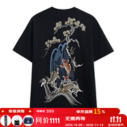 鬼洗秋冬新款 五色鴻運鯉魚繡花短袖T恤男潮牌錦鯉吉祥半袖 N24U805 88黑色 L