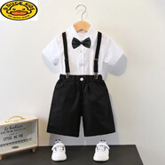 G.DUCKKIDS兒童白色襯衫短袖男童表演白襯衣中大童小學(xué)生校服白寸衫夏季薄款 短袖+黑馬褲+領(lǐng)帶黑 150 cm
