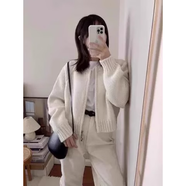 以純（YISHion）灰色短款毛衣外套女裝秋冬2025新款寬松加厚拉鏈開衫長袖針織上衣 米白色 M 【建議85/105斤】