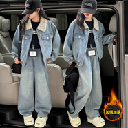 童話(huà)酷酷女大童牛仔套裝外套褲子兩件套春秋款冬季時(shí)尚百搭潮女孩衣服 2521毛領(lǐng)牛仔套裝 加絨加厚款 140 碼建議身高130cm左右