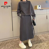 皮爾卡丹（pierre cardin）慵懶風(fēng)時(shí)尚洋氣衛(wèi)衣連體裙套裝女2025春秋新款大碼胖MM減齡半身裙 灰色 L (建議110斤以內(nèi))