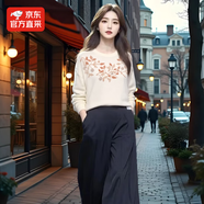 開詩米亞2025秋冬新款刺繡 手工國風蘇繡花圓領(lǐng)套頭針織衫女裝寬松版毛衣 米白色 常規(guī) L (160) 150-160