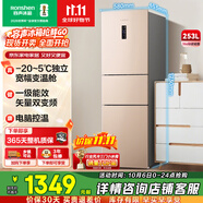 容聲253升一級能效三開(kāi)門(mén)小電冰箱家用小型風(fēng)冷無(wú)霜節能出租房宿舍BCD-253WD16NPA璀璨金家電國家補貼