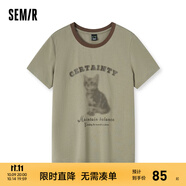 森馬（Semir）[商場同款]短袖T恤女美式復(fù)古撞色2024新款夏季貓咪衣服小眾 土灰綠40901 M 160/84A