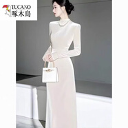 啄木鳥(niǎo)（TUCANO）品牌2025新款禮服高貴氣質(zhì)過(guò)膝金絲絨改良旗袍長(cháng)裙秋冬加厚顯瘦時(shí) 杏白色 單件連衣裙 S 建議85-95斤