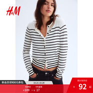 H&M【徐若晗同款】女裝毛針織衫秋慵懶短款打底衫m(xù)iu系薄開衫0579541 白色/條紋 M 165/96