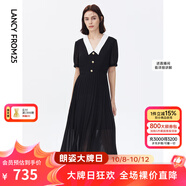 朗姿【尖貨補(bǔ)單】法式氣質(zhì)黑色襯衫裙泡泡袖百褶連衣裙女夏季新款長(zhǎng)裙 黑色（金屬扣飾） 2XL 175/92A