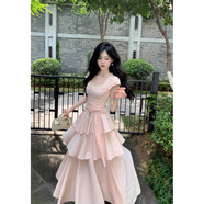 園翌法式初戀甜美粉色連衣裙子女夏季不規則收腰公主蛋糕裙 淺粉色 L