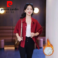 皮爾卡丹（pierre cardin）夾克外套女短款加絨格子秋冬季2026年新款洋氣寬松顯瘦蝙蝠袖襯衫 紅色【加絨】 加厚 L 建議【100-115斤】