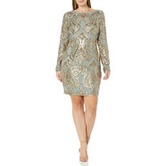 Dress the Population 女式 Lola 長袖亮片連衣裙, Teal/Gold Teal/Gold 中號(hào)