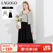 lagogo連衣裙兩件套女拉谷谷春秋新款條紋針織罩衫拼接吊帶裙 黑米(WT) XL