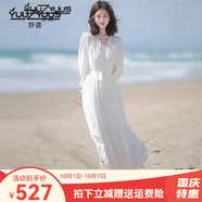 妤遇（YUUZYUUS）品牌女裝法式氣質(zhì)連衣裙女2025春秋新款時(shí)尚修身顯瘦中長(cháng)款a字裙 白色 M