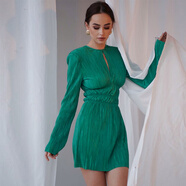 HUALIN FASHION2025秋裝法式長袖A字連衣裙女鏤空小黑裙歐美女裝 綠色 S