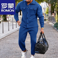 羅蒙（ROMON）秋冬時尚麂皮絨夾克套裝男秋季歐美單排扣休閑純色修身茄克兩件套寶藍色S (130-150)