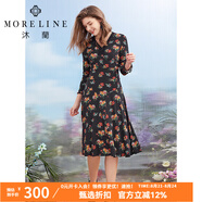 MORELINE沐蘭商城同款設計感印花連衣裙2023秋季新款優(yōu)雅法式蕾絲中長(cháng)裙 克黃花 XL 42