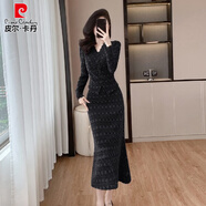 皮爾卡丹（pierre cardin）法式復古優(yōu)雅時(shí)尚氣質(zhì)長(cháng)袖V領(lǐng)包臀魚(yú)尾蕾絲連衣裙套裝高級晚禮服 黑色原版 L