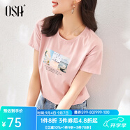 歐莎（OSA）白色短款T恤女士夏季新款衣服短袖印花顯瘦正肩上衣體恤修身 粉色 S