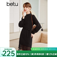 betu百圖女裝網(wǎng)紗拼接小高領(lǐng)木耳邊燈籠袖針織連衣裙女2110T69 黑色 XS