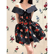 映棠源舒舒甜美俏皮的單肩吊帶吊帶裙裙 黑花色 M 均碼