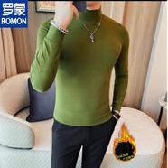 羅蒙（ROMON）半高領(lǐng)t恤男長(cháng)袖秋冬季加絨加厚保暖修身彈力中領(lǐng)打底衫緊身體恤 軍綠色 加絨 M (95-110斤)