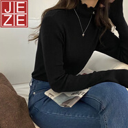 JEZE高領(lǐng)打底衫女白色內搭木耳邊上衣2024秋冬新款打底長(cháng)袖針織衫毛衣 黑色【款 】 常規 L 【建議105-125斤】