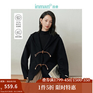 茵曼（INMAN）連帽雙面呢外套冬季女裝新款牛角扣寬松上衣 午夜黑 M