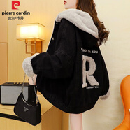 皮爾卡丹（PIERRE CARDIN）牛仔外套女秋冬加絨加厚抖音寬松保暖牛仔衣女裝夾克棉衣襖子 9861#繡花款【黑色】 加絨 S 【建議80--100斤】