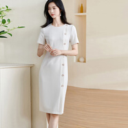 米思陽(yáng)（missshine）2025夏季新款氣質(zhì)通勤混紡短袖連衣裙遮肉顯瘦中長(cháng)裙子 米杏色現貨直發(fā) S