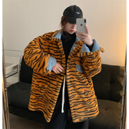 妹丫復(fù)古兩面穿中長款牛仔外套女冬加厚酷女孩穿搭仿兔毛氣質(zhì)豹紋大衣 虎紋 L